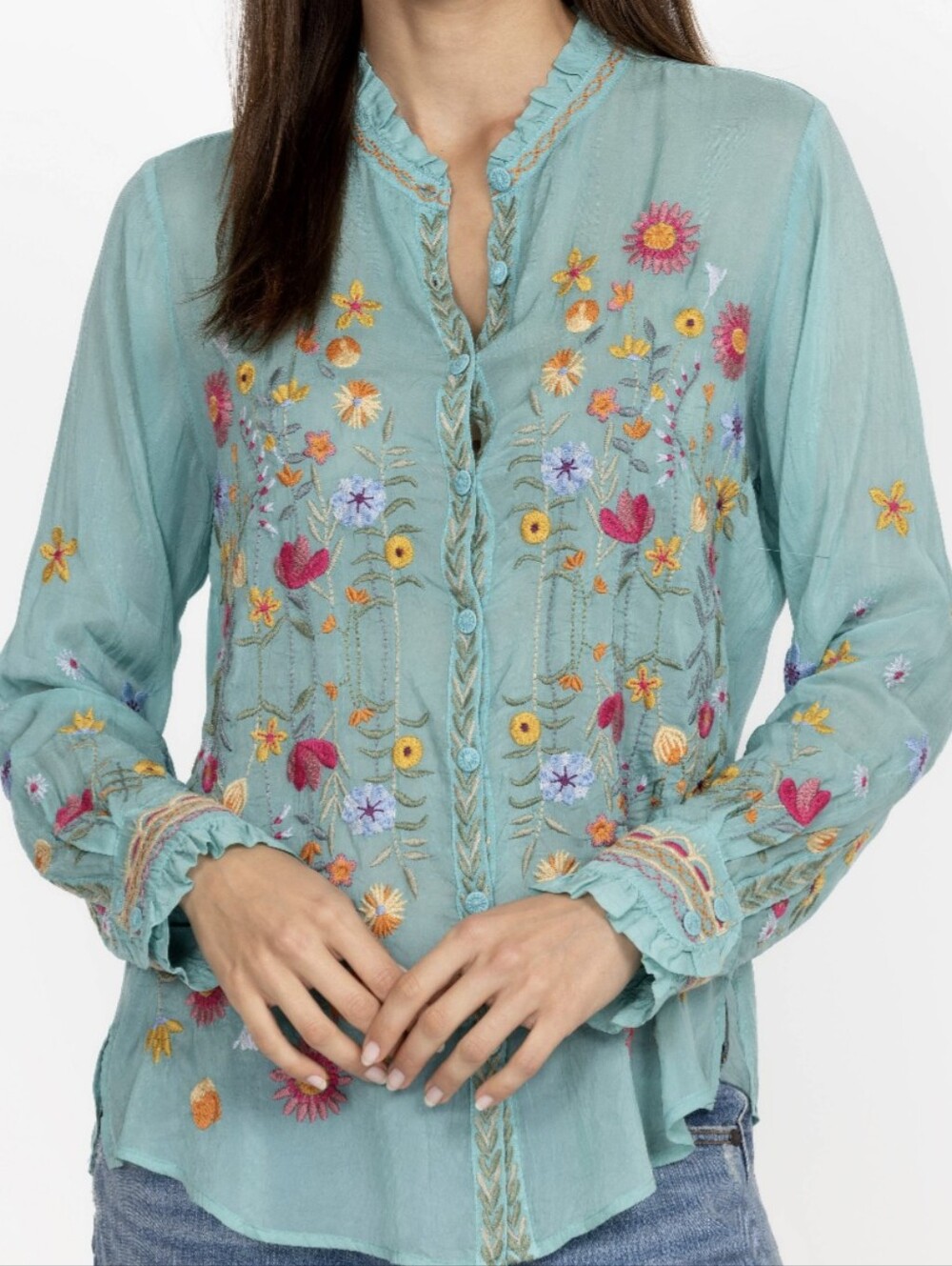 Johnny Was Lolanda Embroidered Button Front Blouse In Marine Size 1X